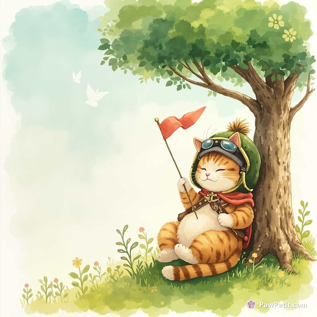 Cat mountaineer: scales a tree, plants a tiny flag, then naps in the shade of its conquest.