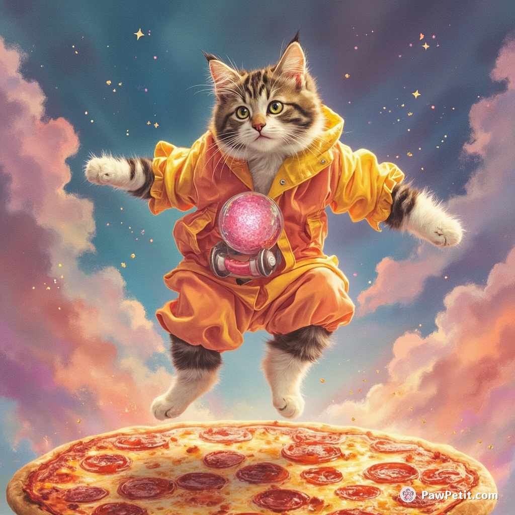Disco-dancing cat in a puffy, neon jumpsuit breakdancing on multicolored pizza in zero gravity.