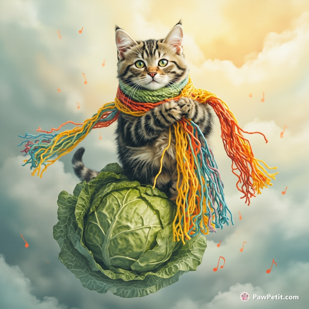 Cyborg cat calmly knitting a rainbow colored scarf with spaghetti, floating over an oversized cabbage in the heart of a tune-chasing fog.