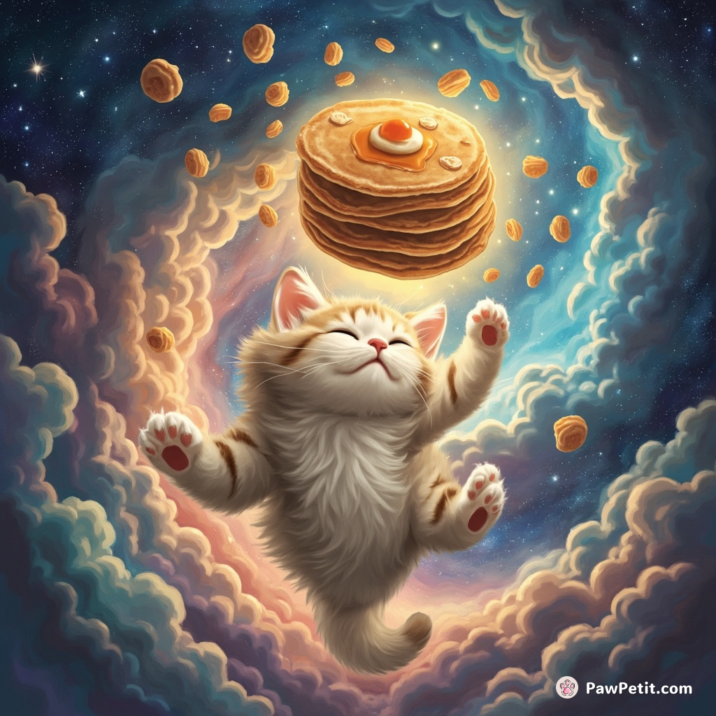 Cat levitating pancakes with its mind within a silky nebula dreamscape.