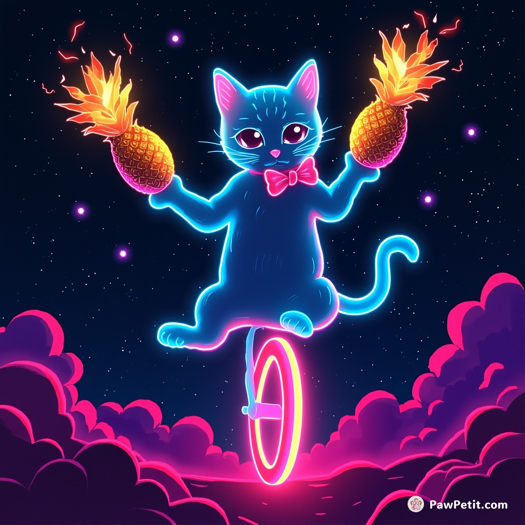A neon blue cat juggling flaming pineapples on a unicycle in outer space.