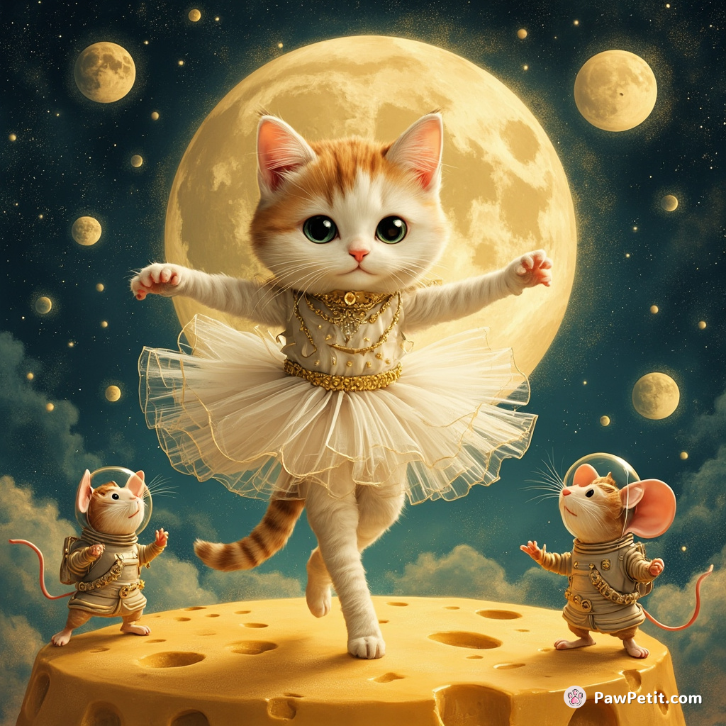 Elegant cat ballet performance on a cheese moon, observed by mouse astronauts.