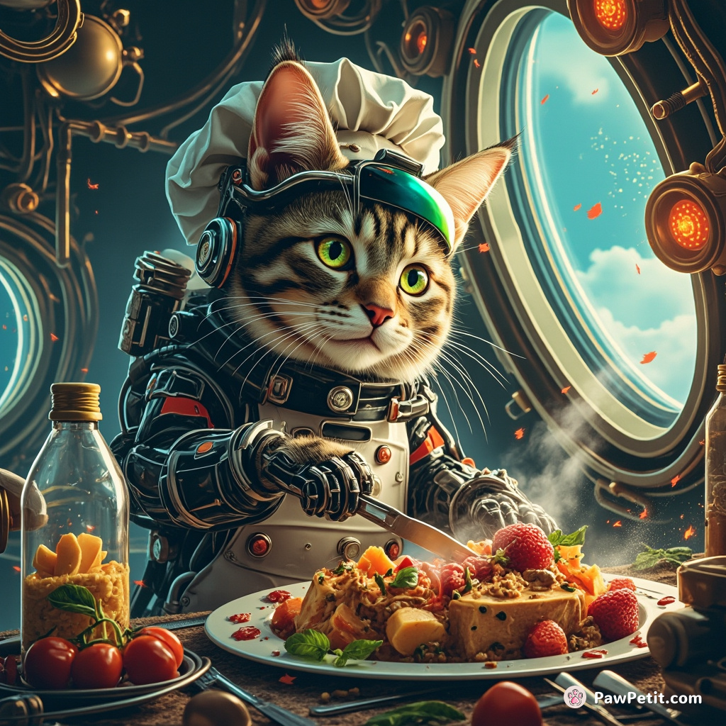 Cybernetic cat chef whipping up a molecular gastronomy feast in zero-gravity steampunk spaceship kitchen.