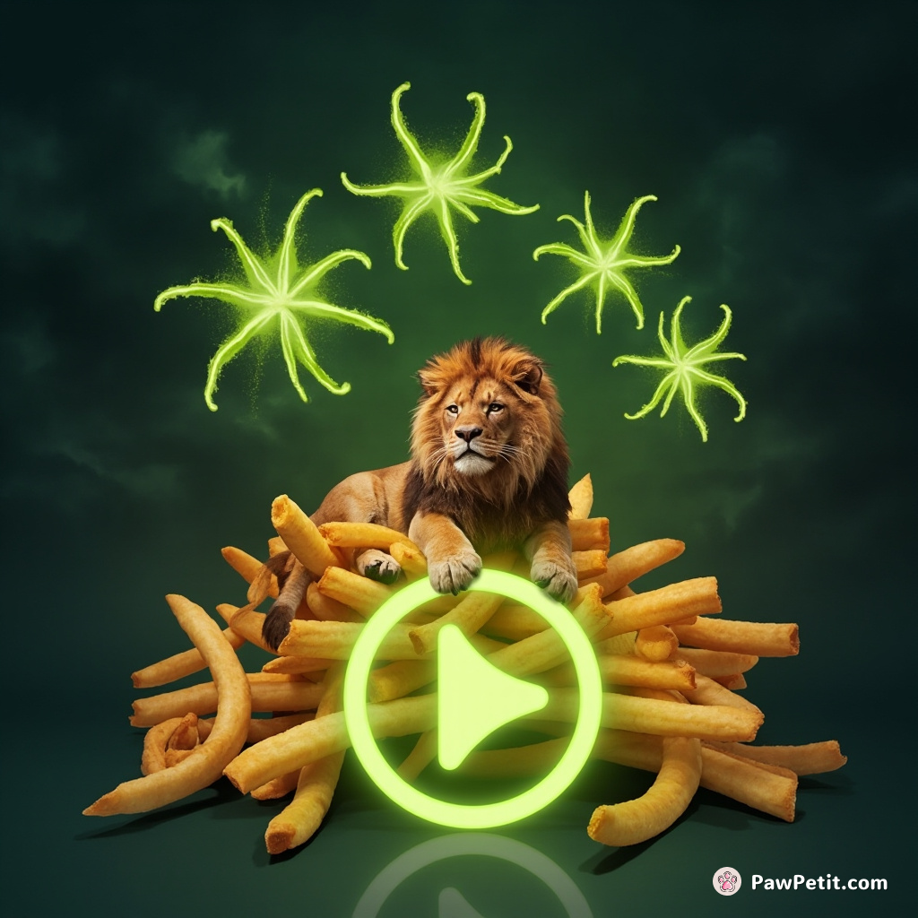 A tiny house lion lounging on a neon play button in the middle of a curly french fry offering his paw to mesmerizing disco starfish under lime green thunderstorms.