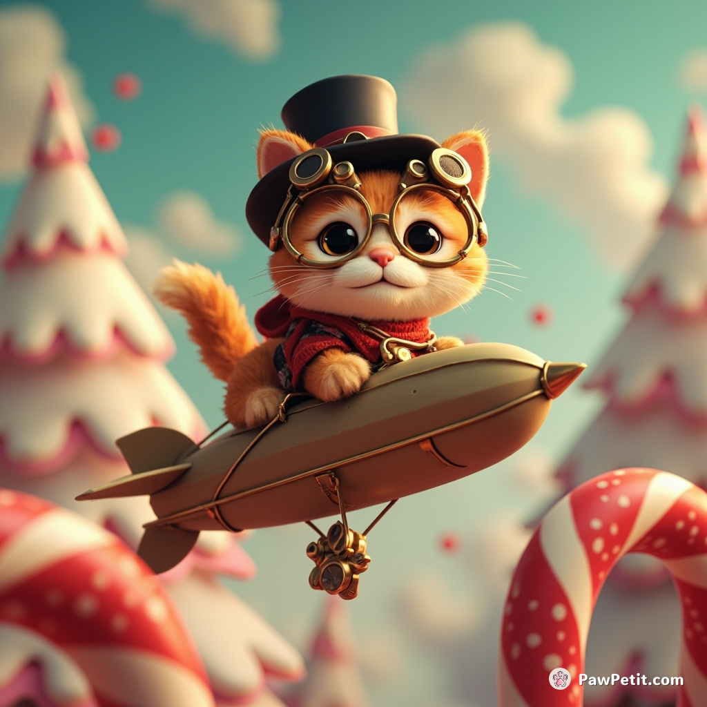 A steampunk cat in top hat and goggles flying a quaint zeppelin through a candy-cane forest.