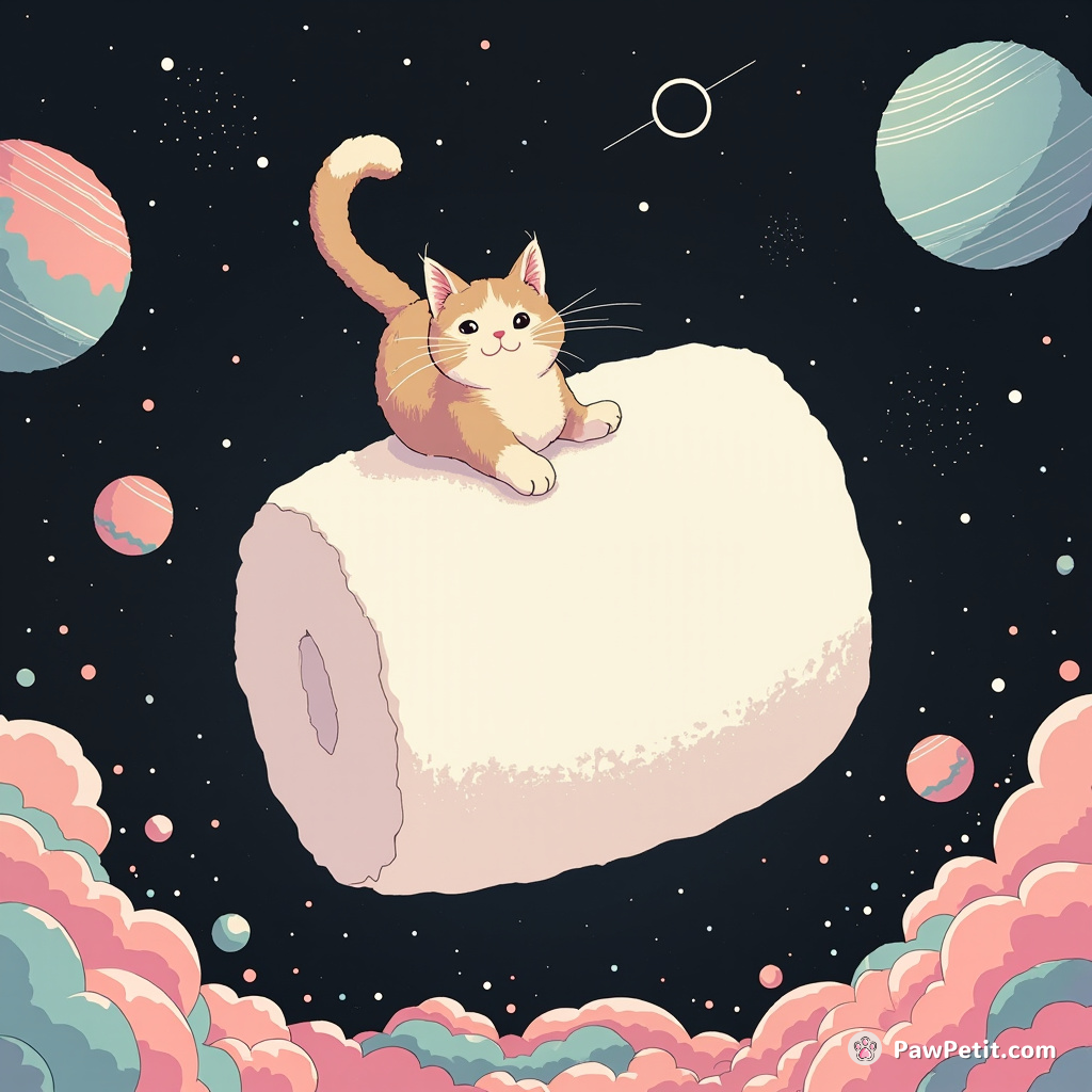 Cat riding a giant floating marshmallow in a zero-gravity disco.