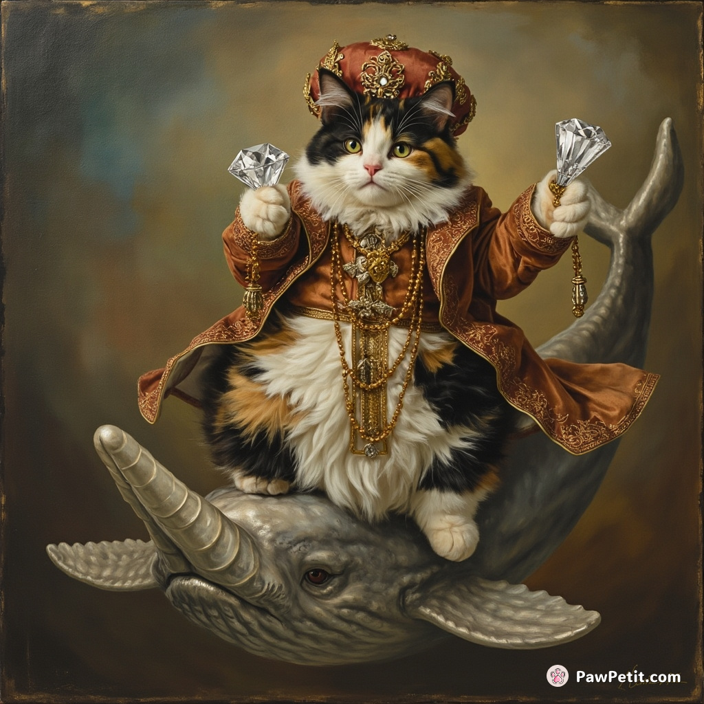 A plump calico cat, in baroque attire, defiantly holding a massive sparkling diamond while precariously balancing atop a floating metallic narwhal.