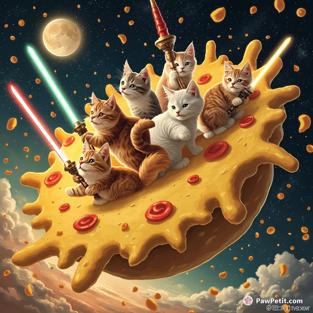 A clowder of cats floating on nacho cheese in space, sword fighting with chili pepper sabres for a queso moon.