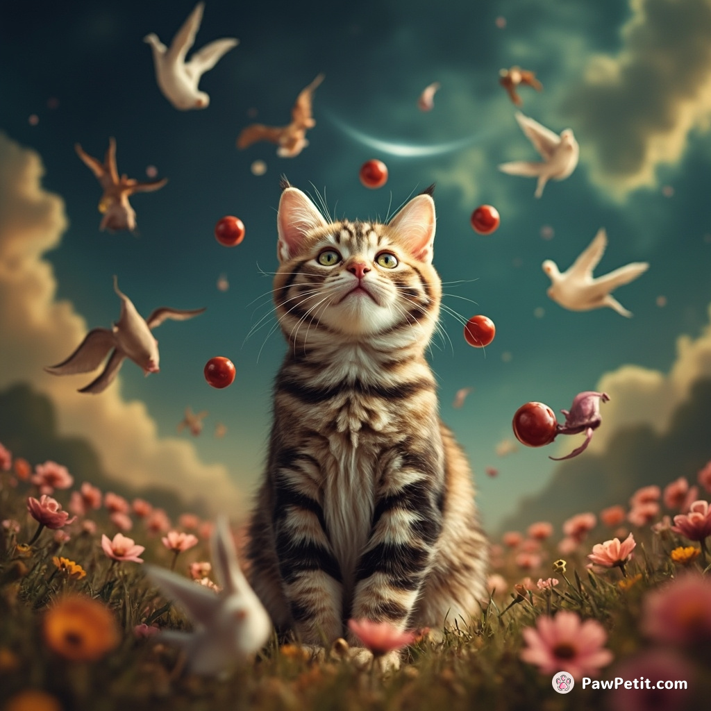 Cat levitating items with its mind within a midsummer night's dream panorama.