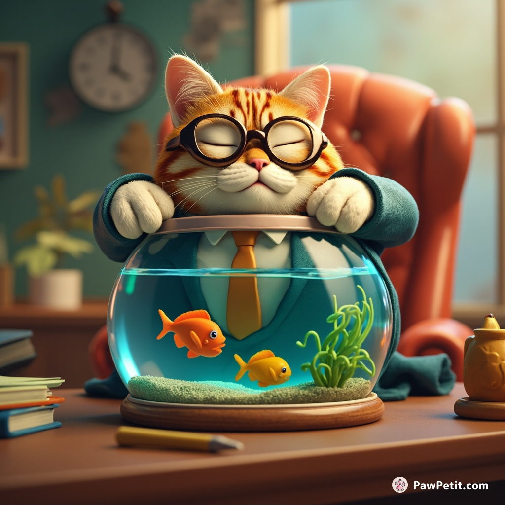 Cat, disguised as CEO, steals the show by napping in the boardroom's fish tank.