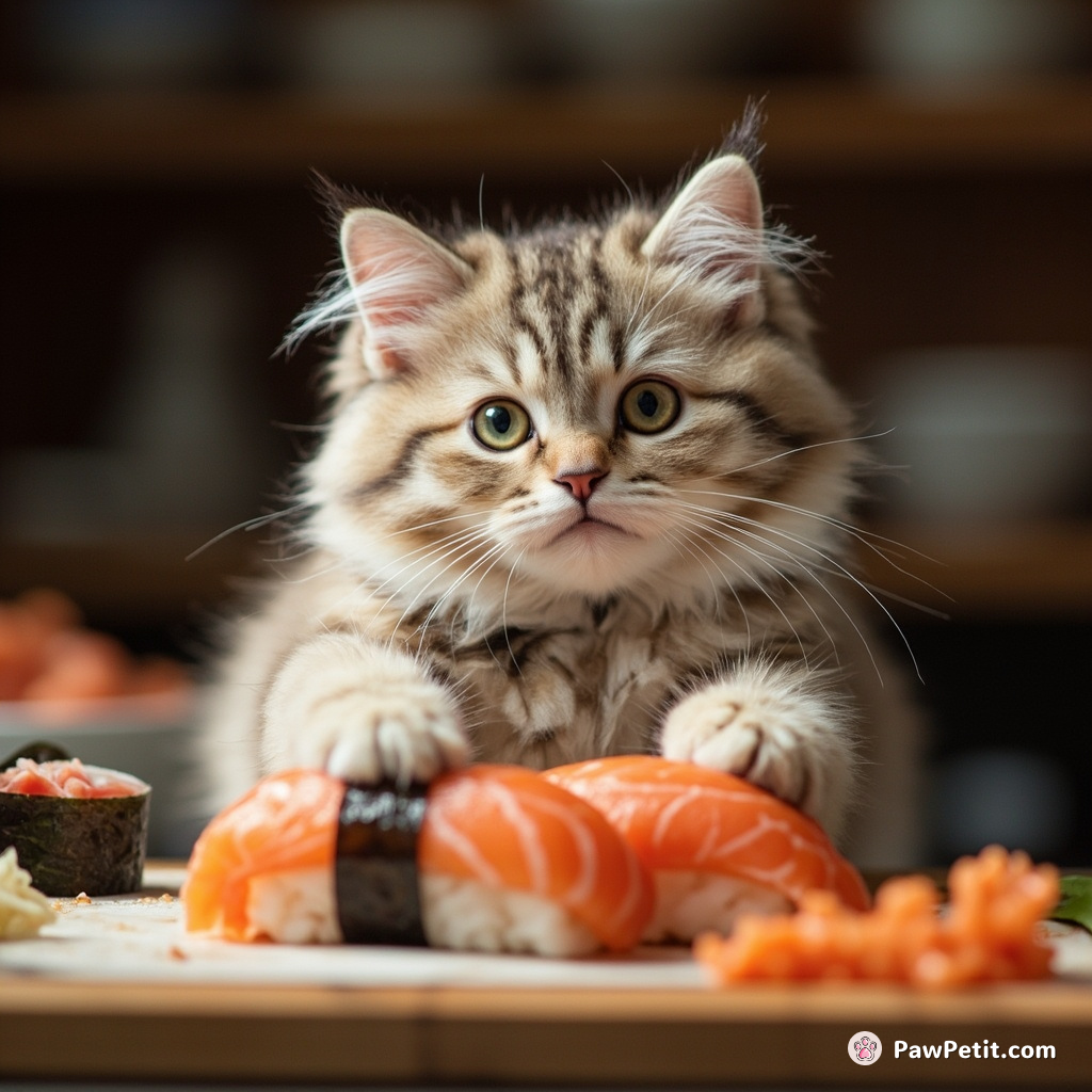 Cat pretending to be a sushi chef, rolling gigantic nigiri with fishes.