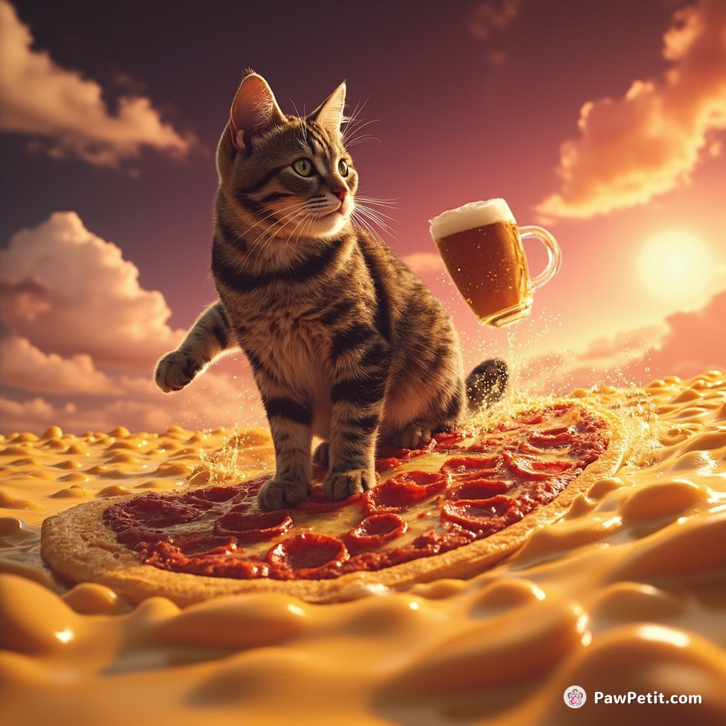 A cat surfing on a slice of pepperoni pizza in a sea of root beer under a sky made of sparkling cheddar cheese.