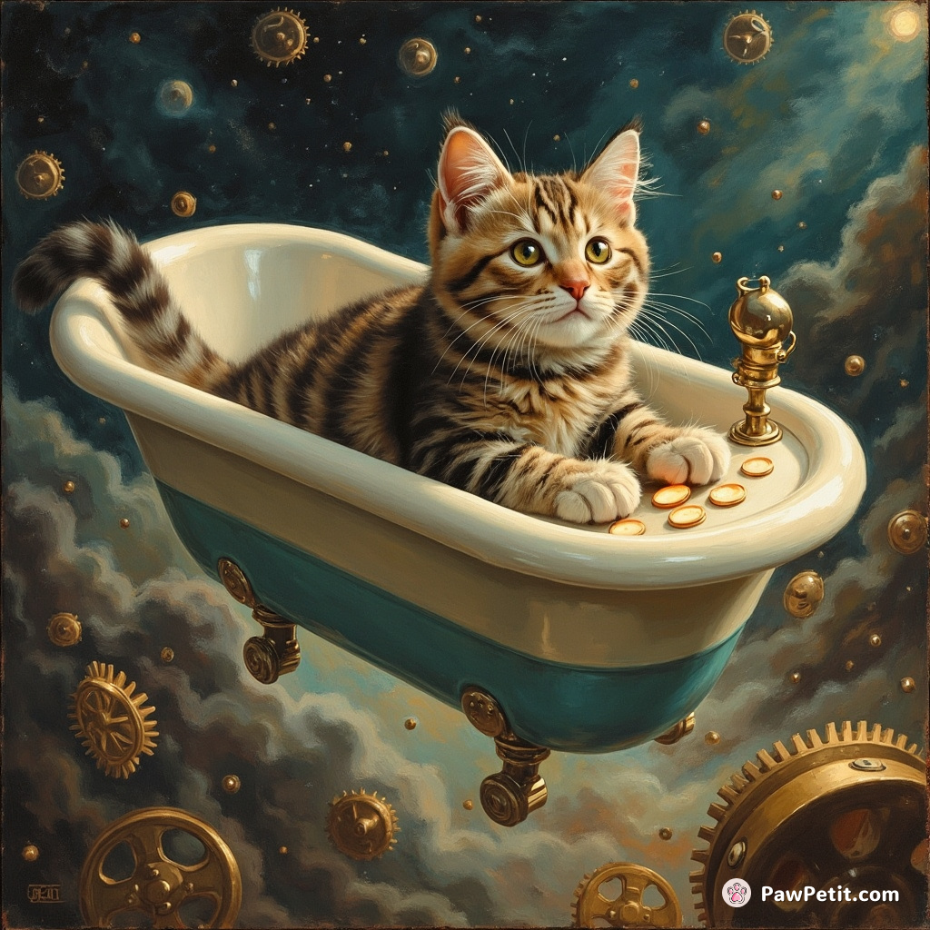 Feline deftly somersaults through whirring gears, paws tapping glowing consoles, as it pilots a levitating bathtub spaceship.