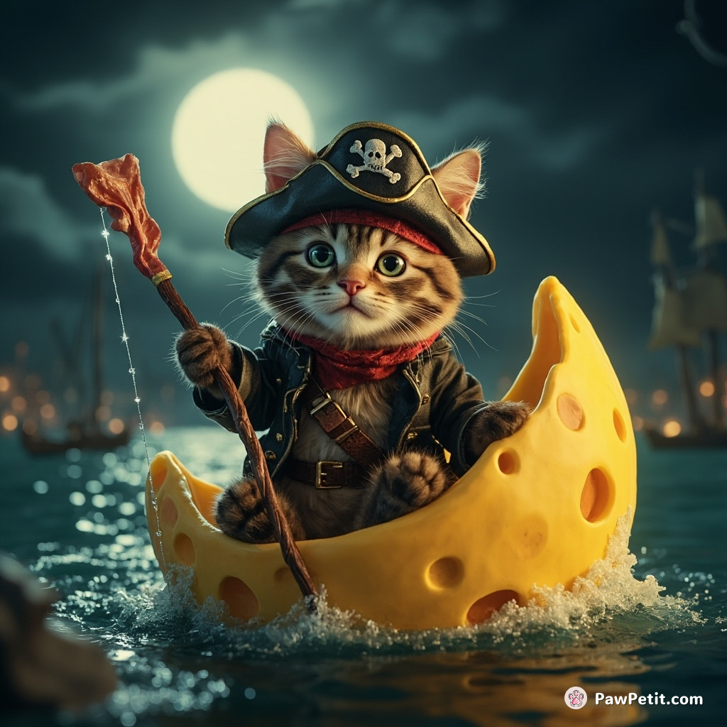 A pirate cat fishing on a cheese moon with a bacon rod.