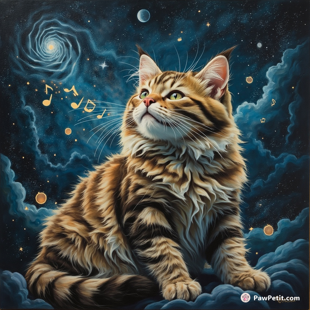A colossal cat with bioluminescent fur, humming a hypnotic tune, while repairing delicate fractal space-time patterns in cosmos.