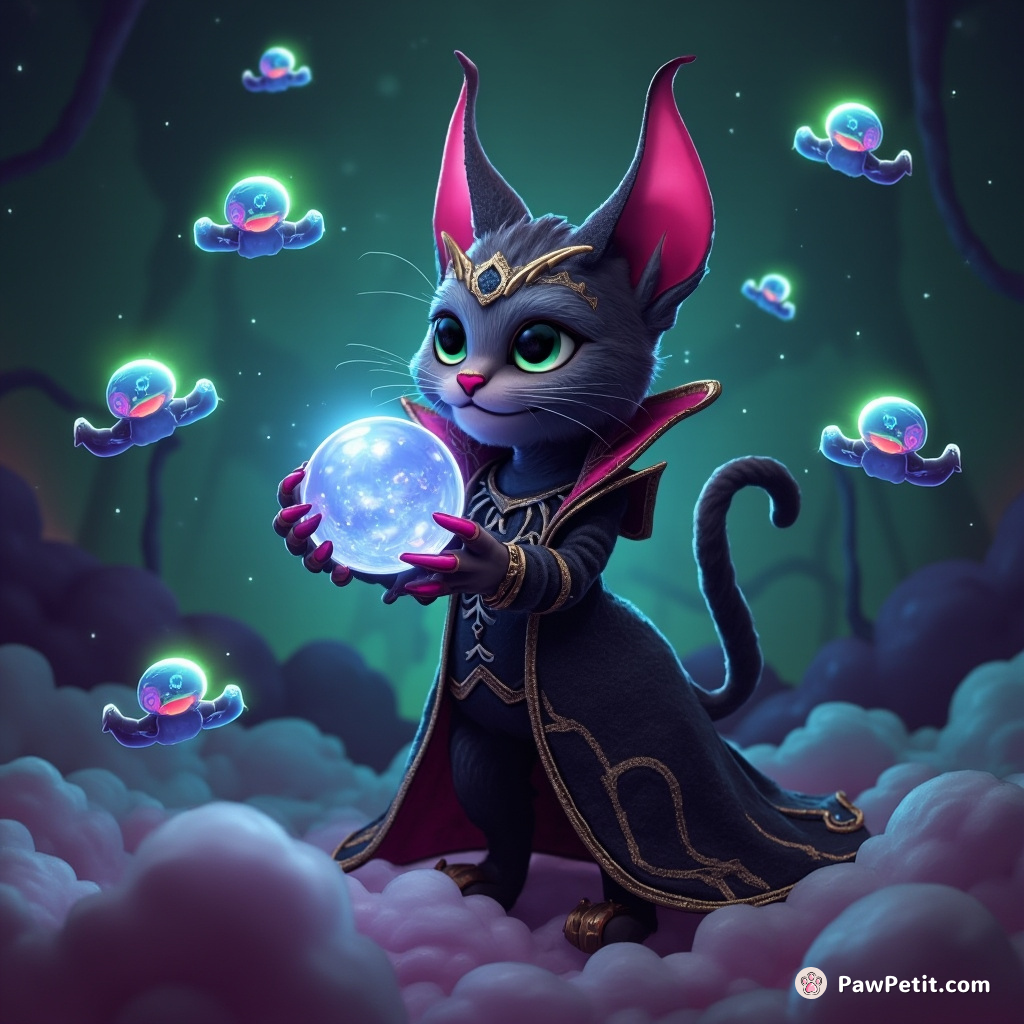 A Victorian gothic cat holding a crystal ball while levitating miniature alien spaceships around its tail.