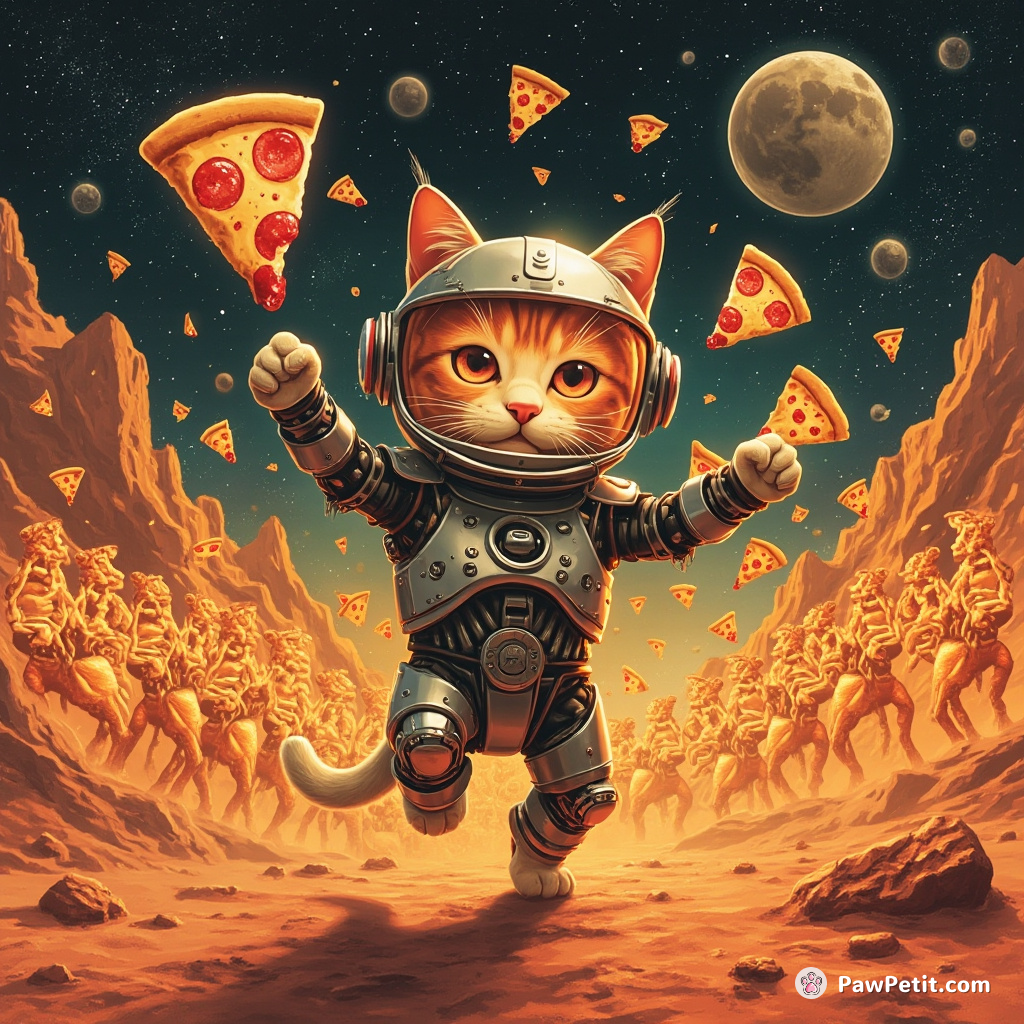 Cyborg cat mind-controlling an army of dancing pizza slices on Mars, in homage to disco.