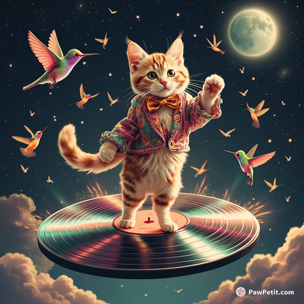 A cat doing a flamboyant disco dance with hummingbirds, on a floating vinyl record in outer space.