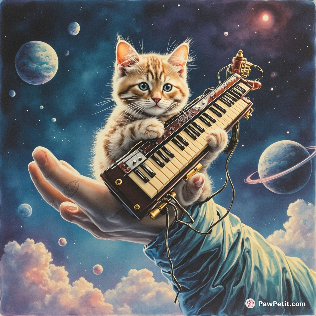 Cybernetic cat playing electric harpsichord on a titan's fingertip in zero gravity space disco.