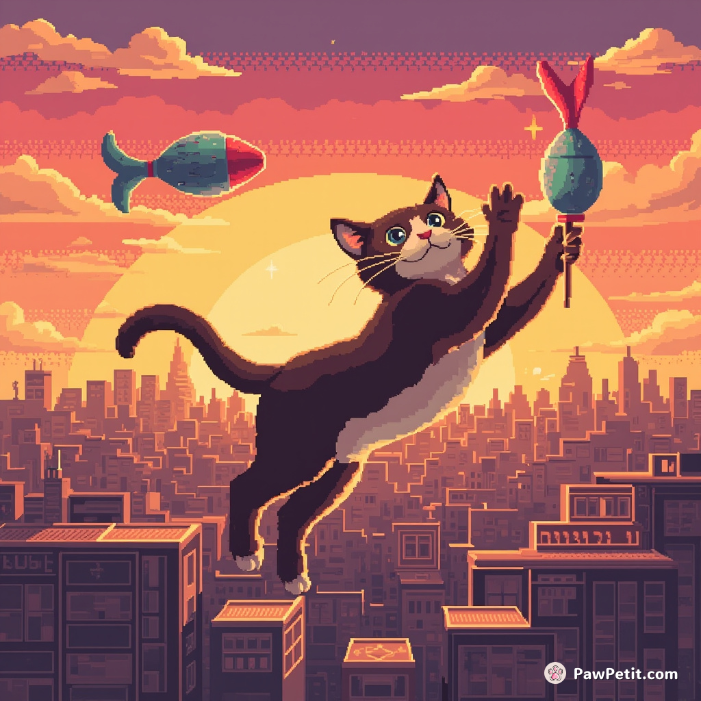 Cat levitating over a cityscape at sunset, juggling maracas shaped like fish amusement park dangler prizes with its tail.