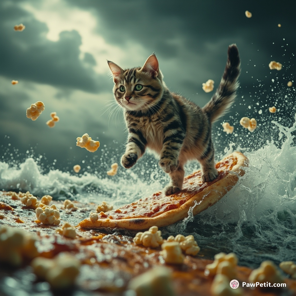 A gravity-defying cat surfing on a pizza slice in an ocean of blue cheese under a stormy sky filled with popcorn clouds.