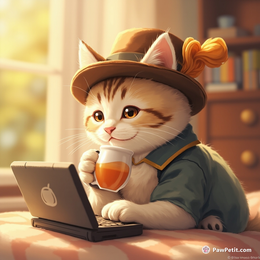 Whiskers the cat dons a tiny hat, sips imaginary tea, and practices typing with its paws on a toy laptop.