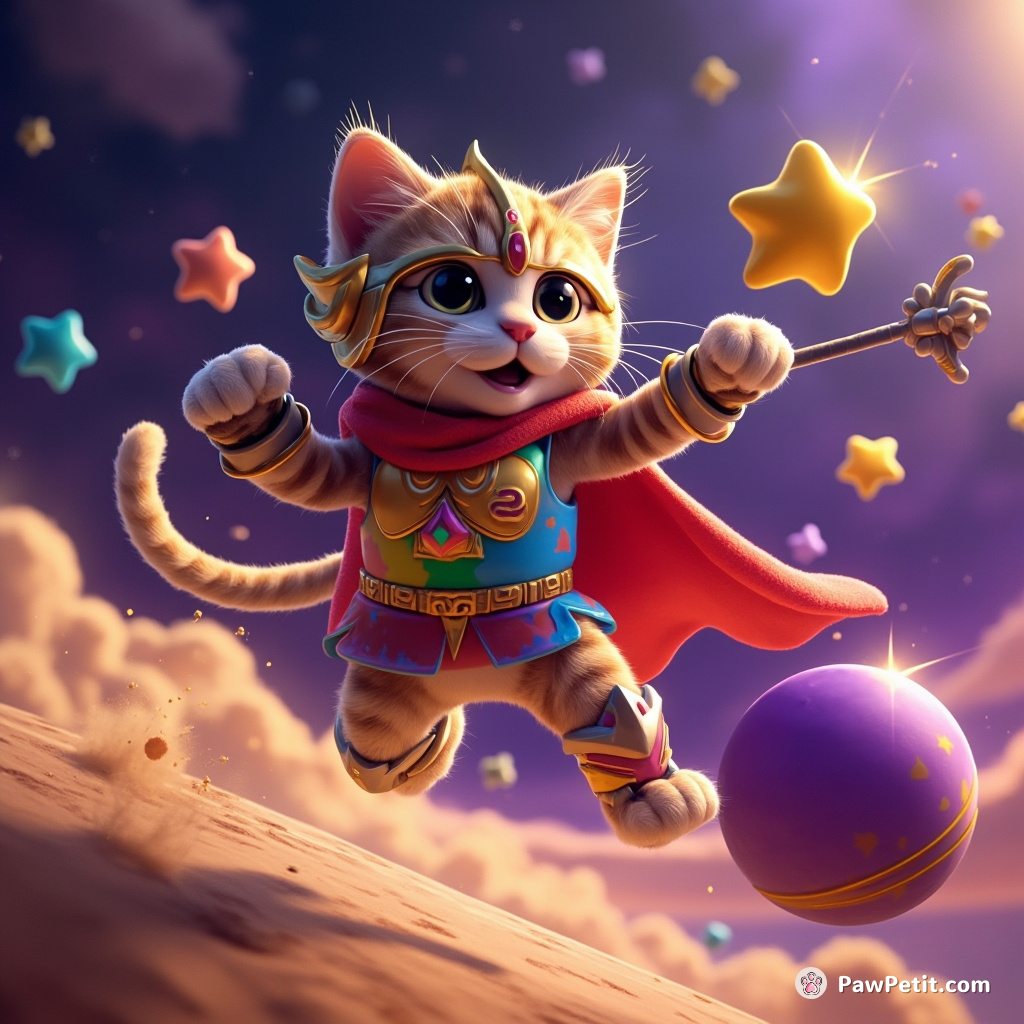 An intergalactic cat wielding twin moon raisins in a rainbow knight armor, slam dunking shooting stars into the purple taco on Saturn in victory.