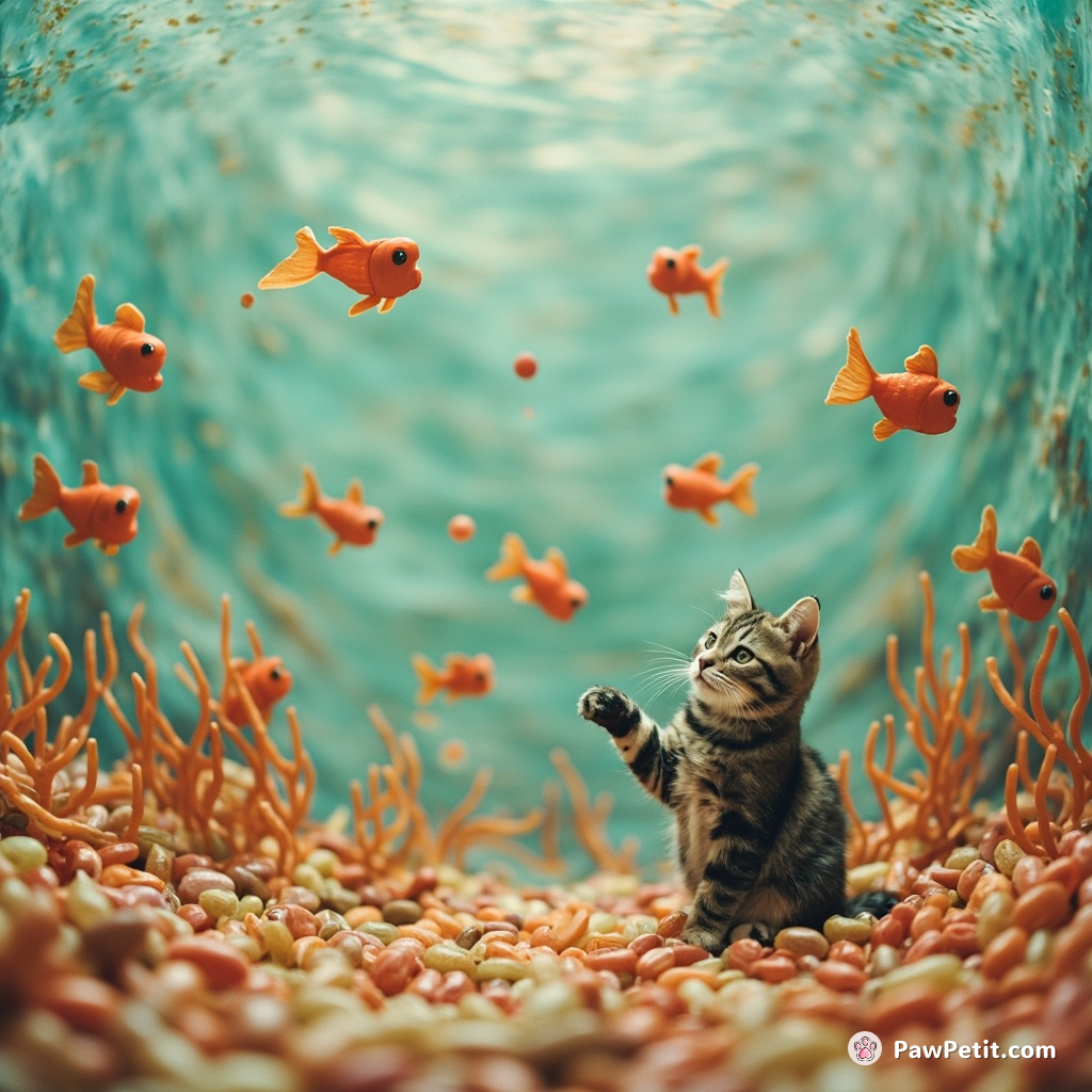 A cat directing a choir of singing fish in an underwater kingdom made of swirling jelly beans.