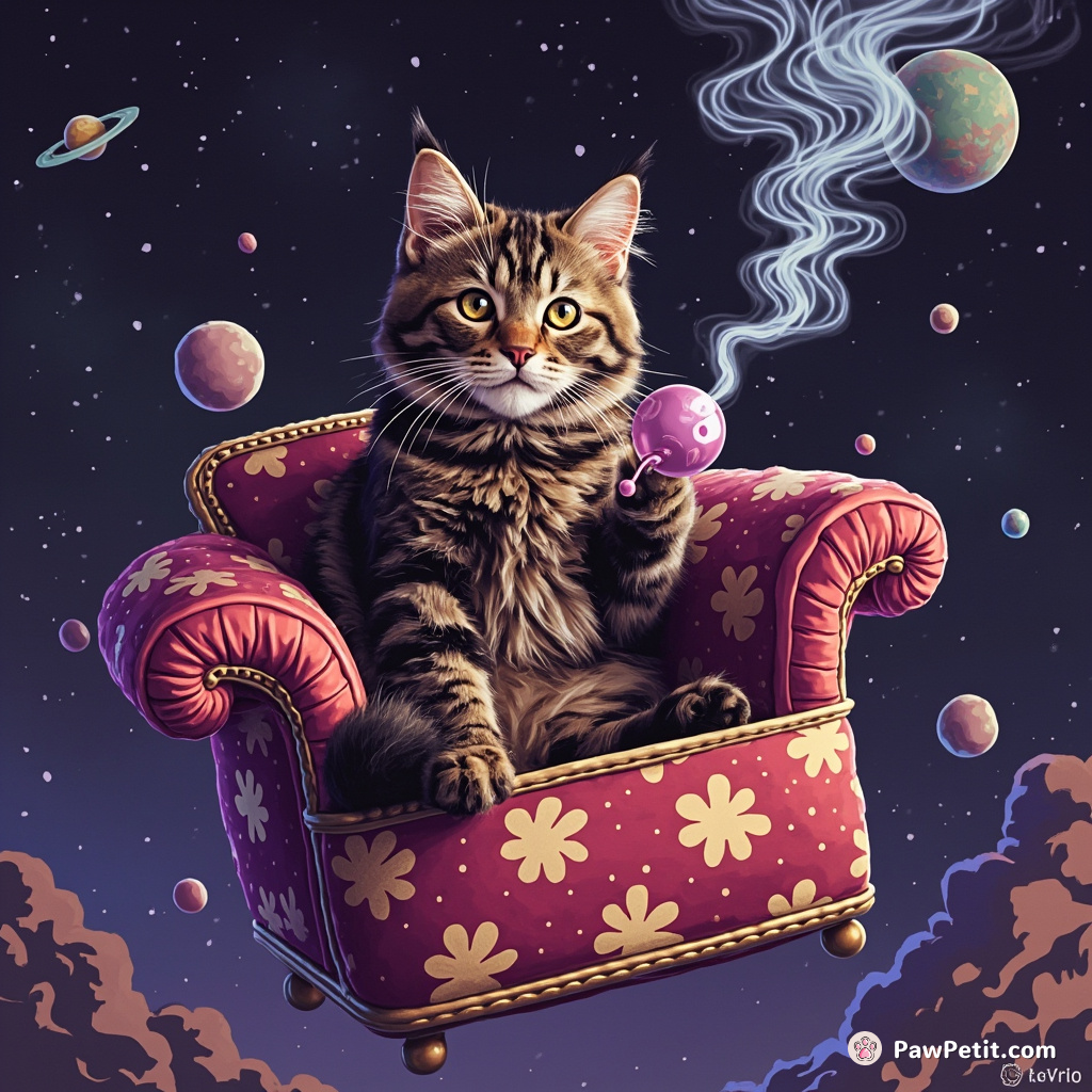 A tabby cat sitting majestically on a tiny velvet sofa, smoking a bubble pipe, inside a gigantic jack-in-the-box drifting through space.