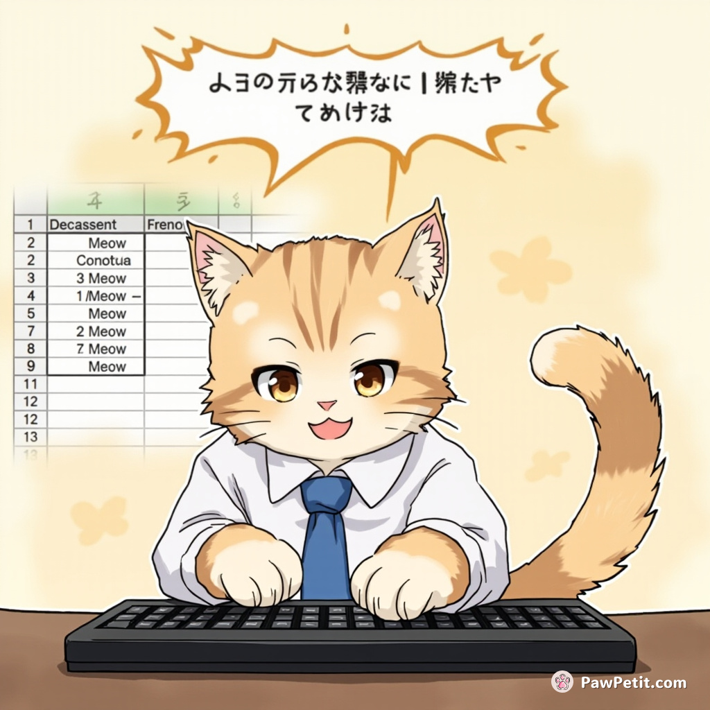 Cat dons a tie, typing at a keyboard, tail swishing demonstratively, despite glaring misplacement of 'meows' in the spreadsheet.