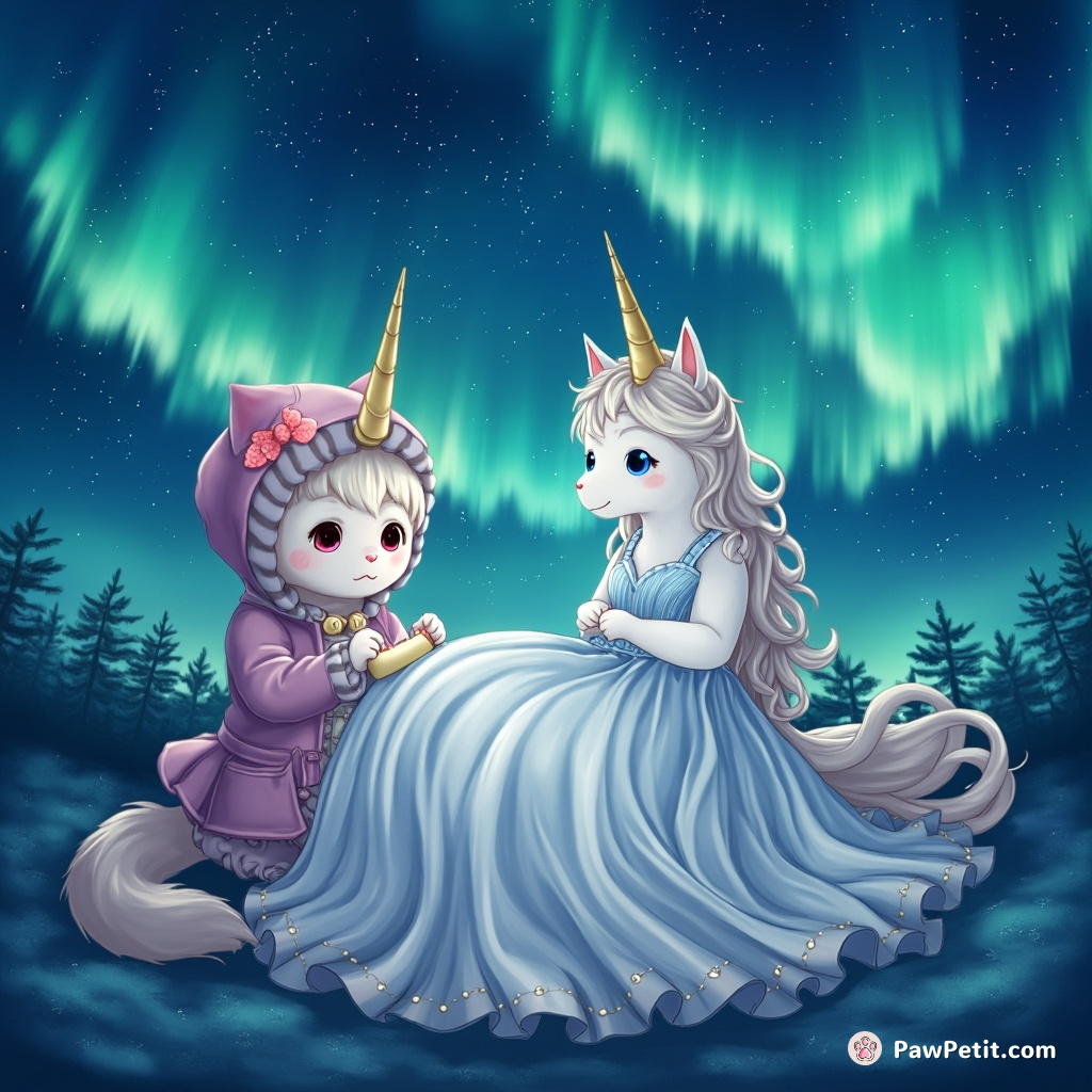 Cat knitting a gown for a unicorn under twinkling northern lights.