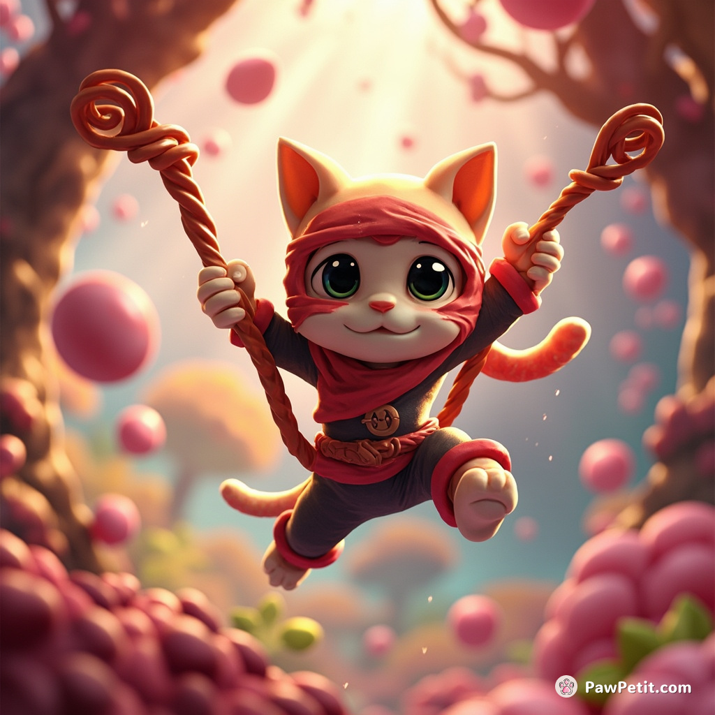 A ninja cat gracefully swinging from a licorice vine in a candy jungle, dodging gumdrop raindrops.