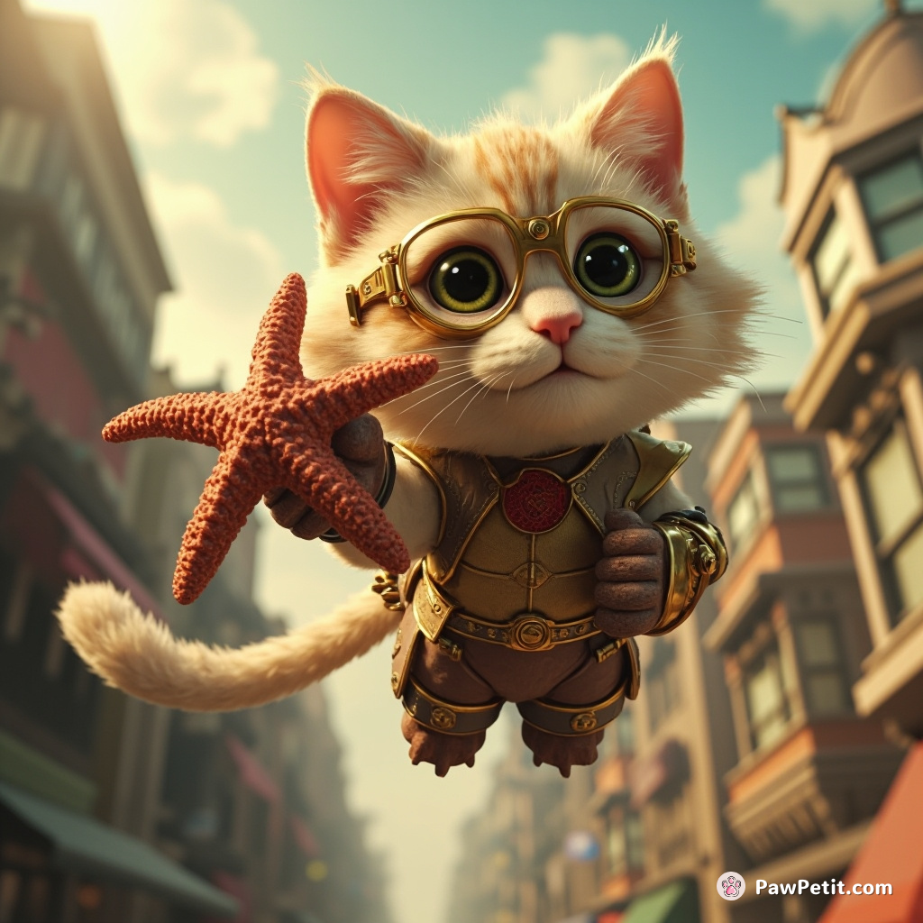 Steampunk feline superhero flying past neo-Victorian buildings, carrying a mythical starfish with its prehensile tail.