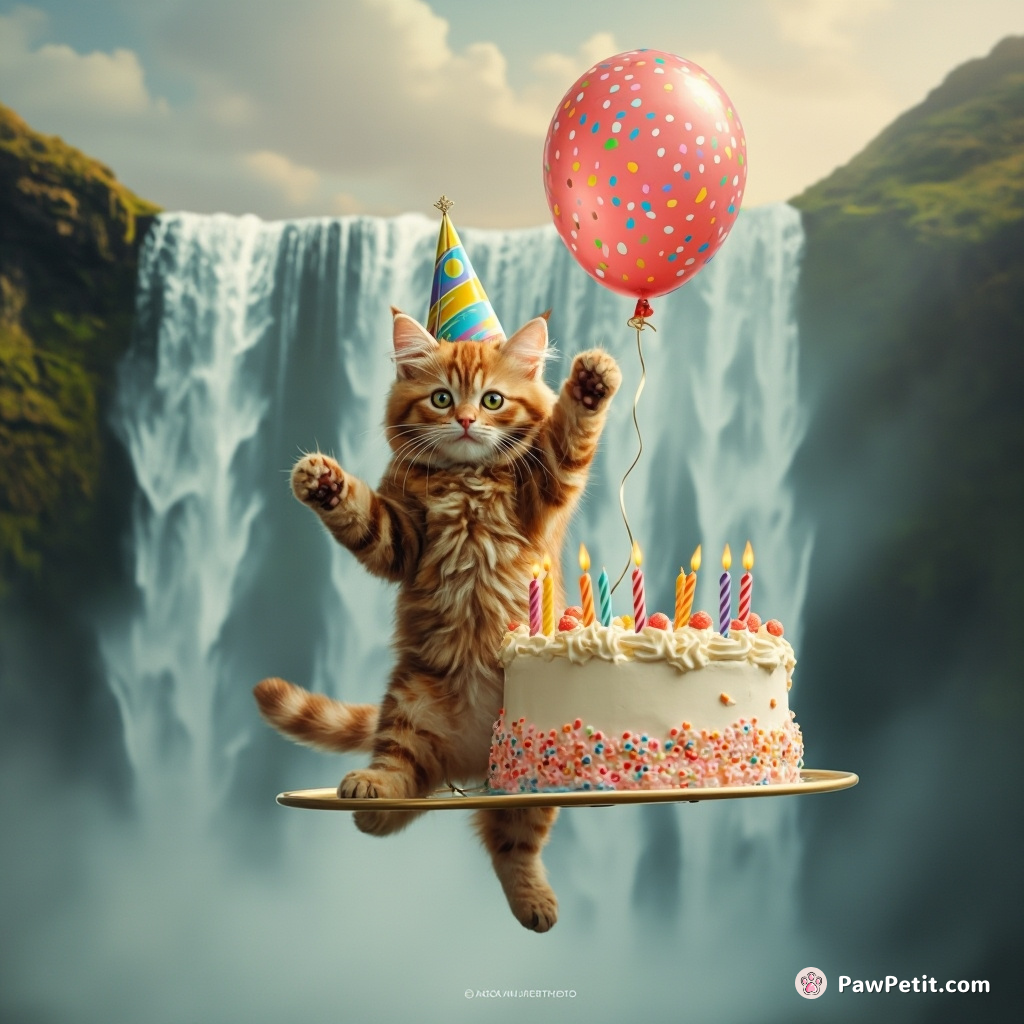 A cat hula-hooping atop a floating birthday cake balloon, over a waterfall.