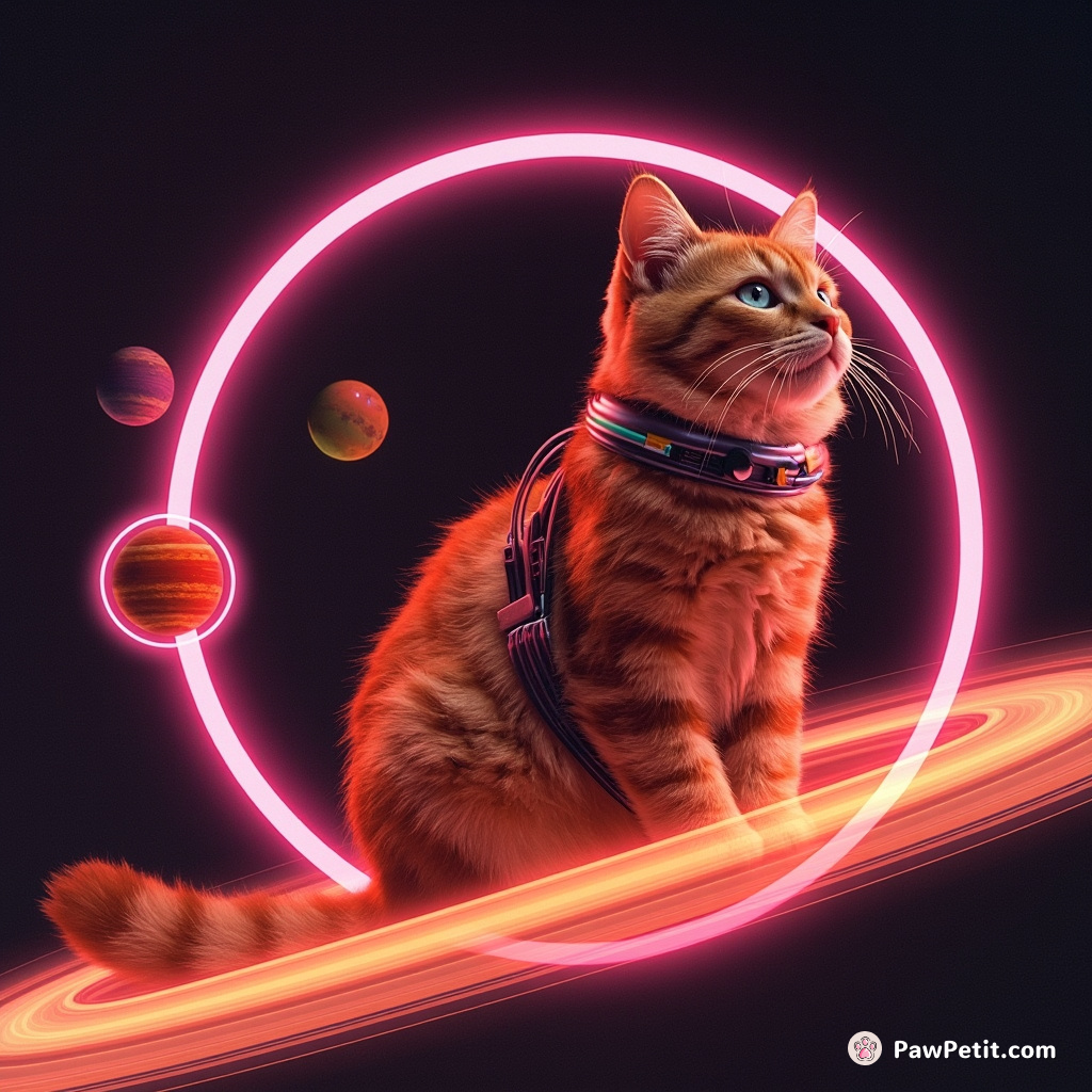 A neon orange cybernetic cat ice sculpting planets on the rings of Saturn.