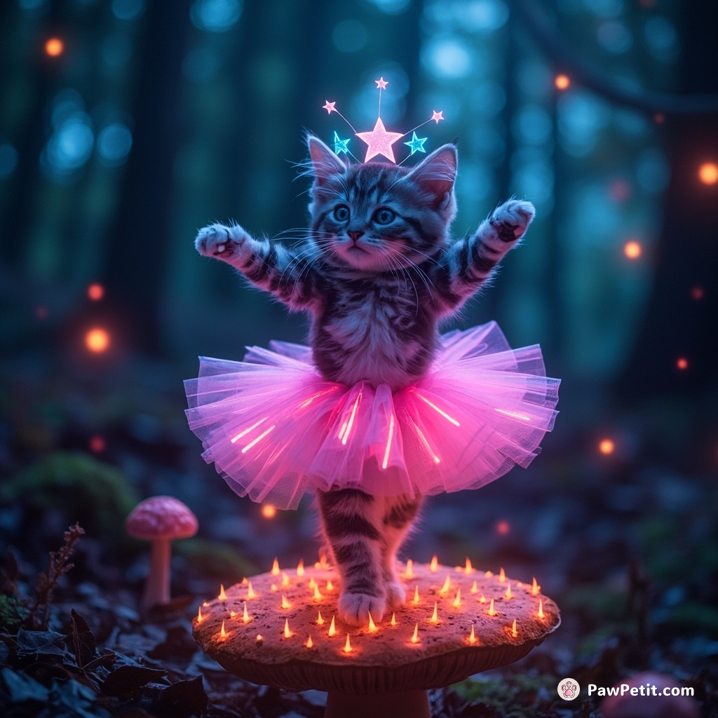 A cat doing ballet on top of a fluorescent mushroom in an otherworldly forest, wearing neon tutu and tiara made of shooting stars.