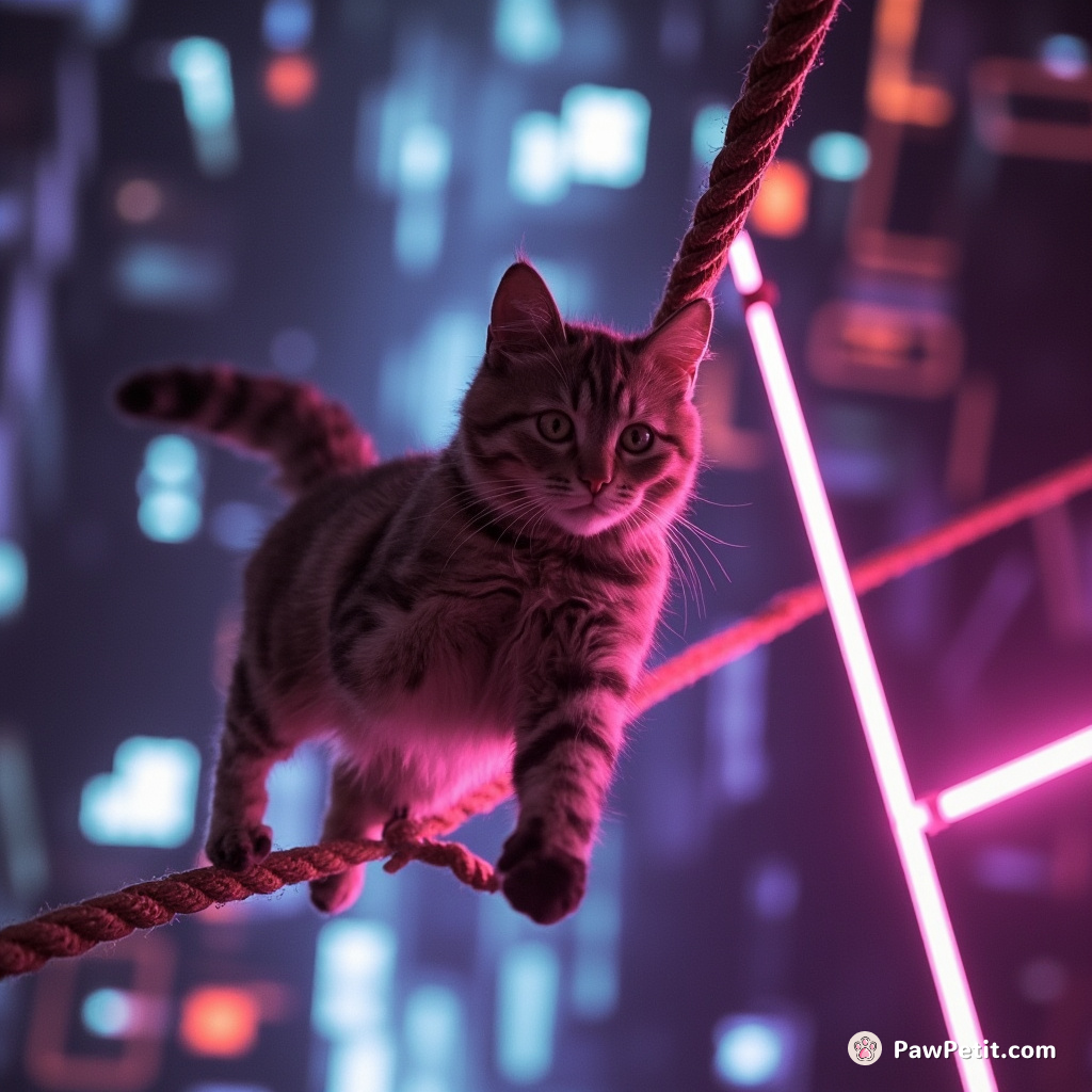 Cat attempts tightrope walking on a clothesline, slips, and hilariously clings on with one paw, meowing for help.