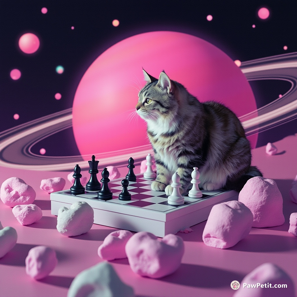 A cat playing chess with a giant marshmallow on Saturn's rings.