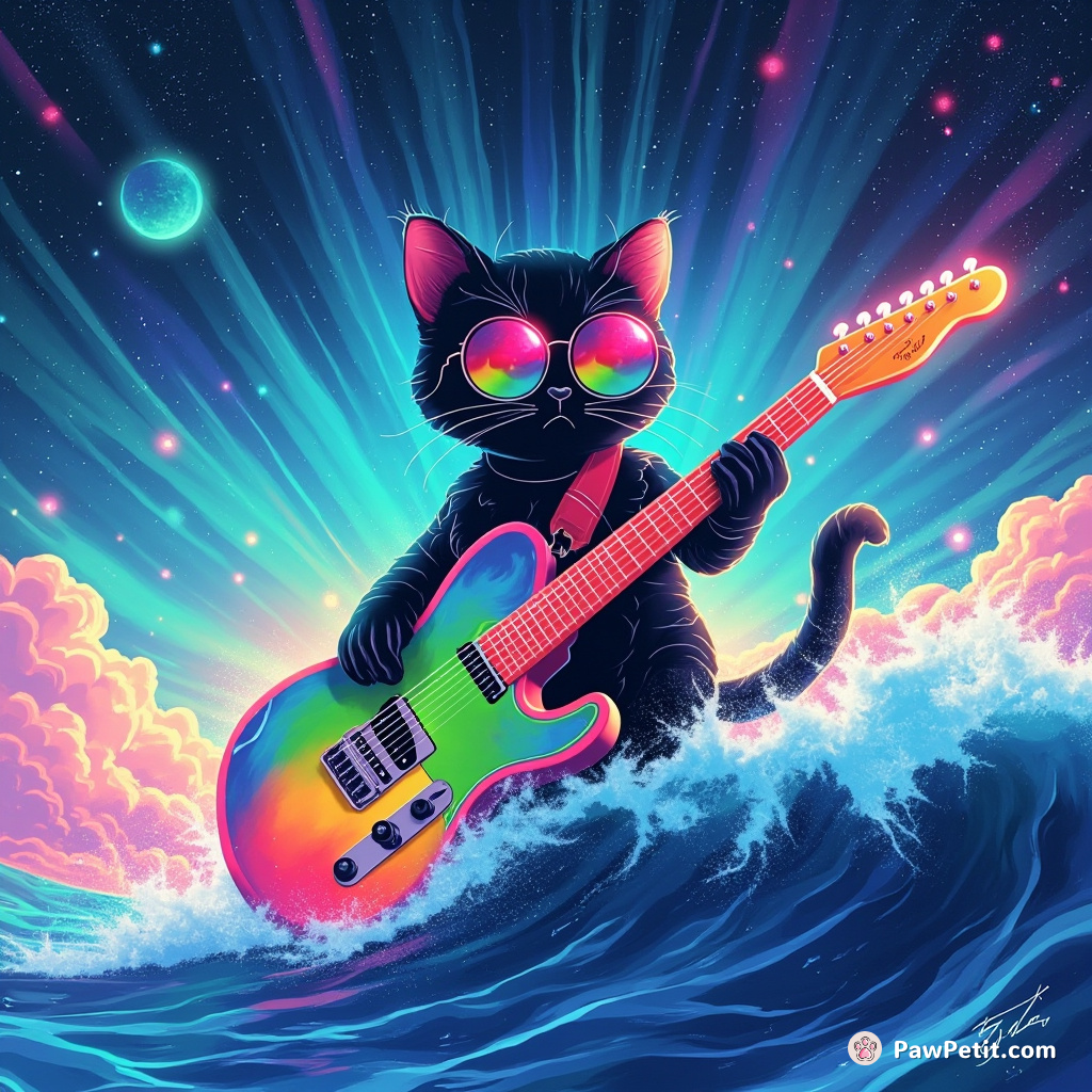 A cybernetic cat strumming a rainbow guitar surfboard, catching cosmic waves in an aurora borealis sea.
