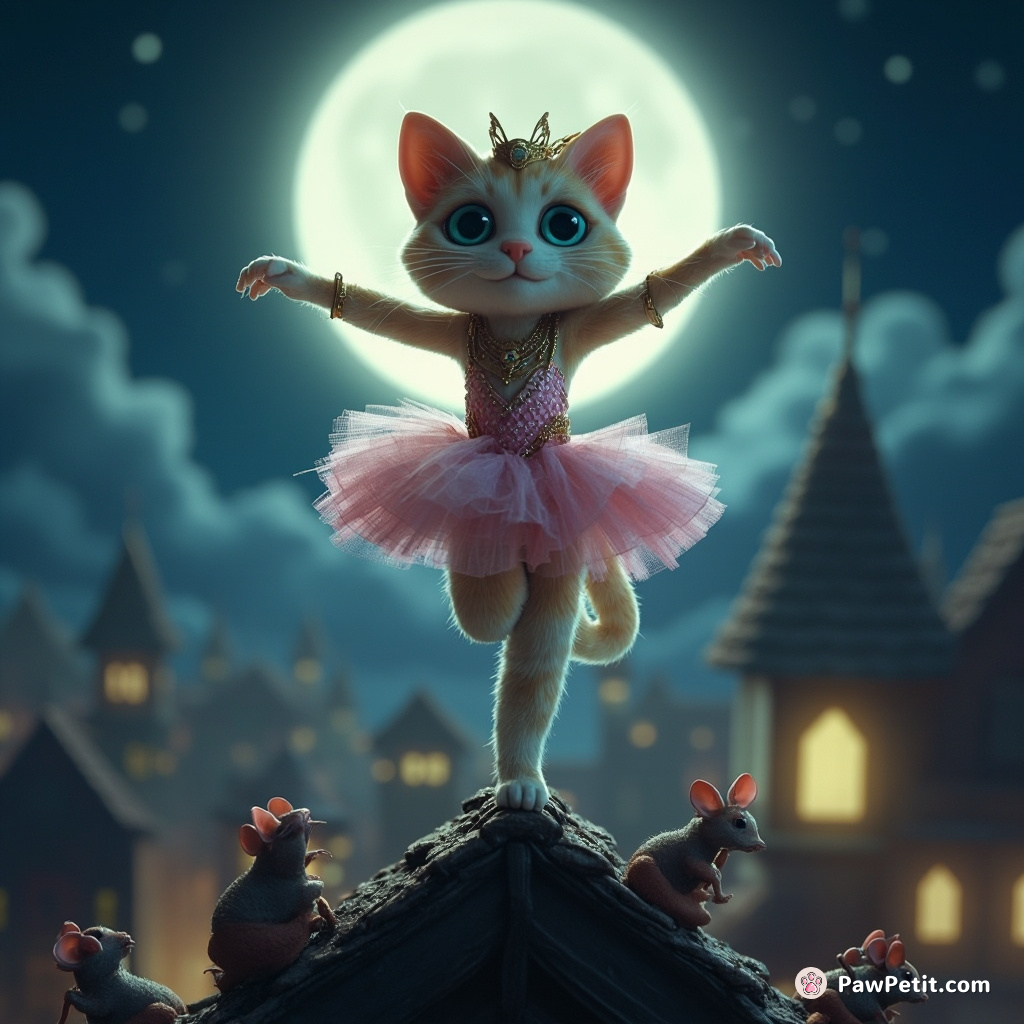 Cat conquers kingdom by dancing ballet on moonlit rooftops, charming enchanted mice into aiding its quest.