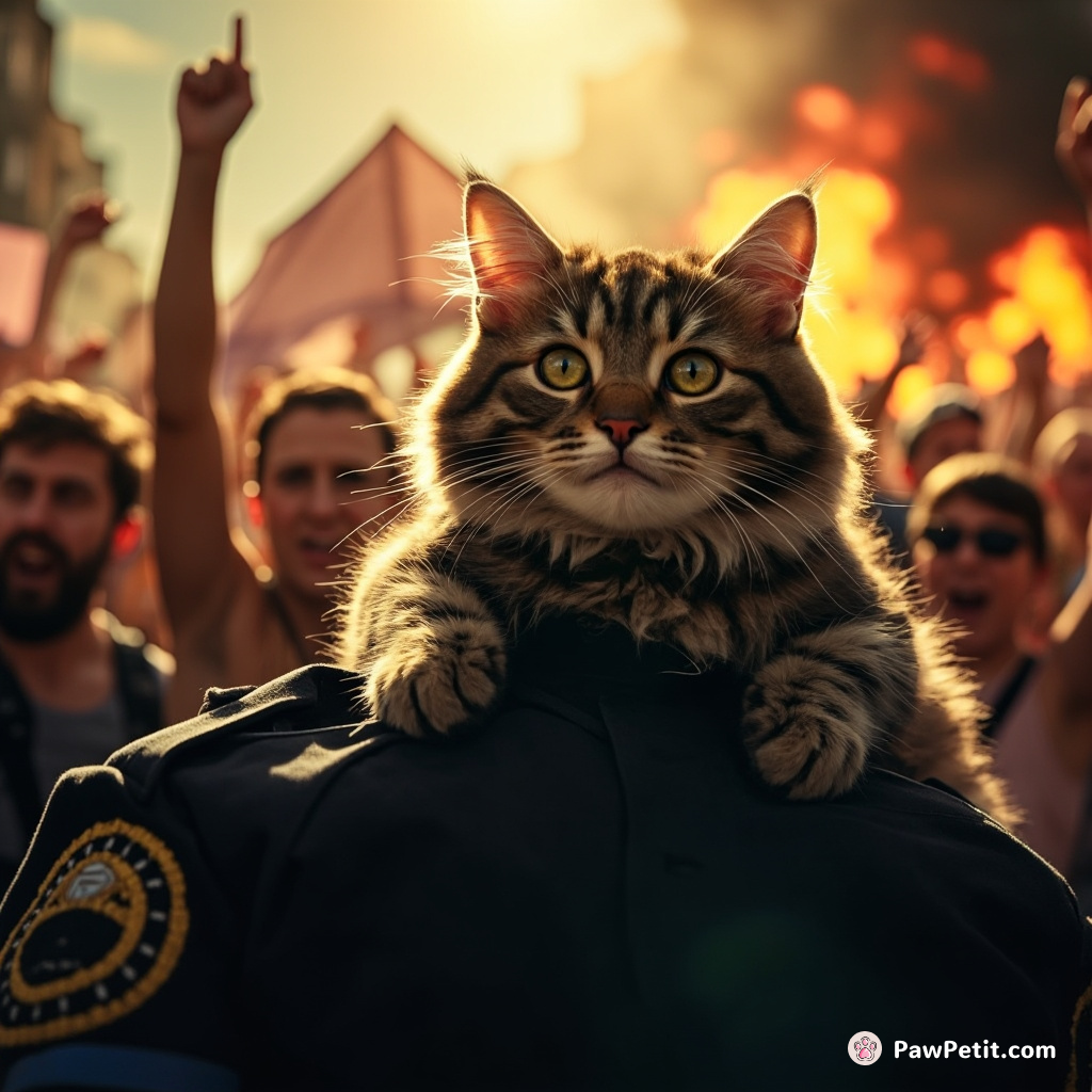 In the commotion of a heated protest, the feline abruptly leaps, landing on a police officer's broad shoulder to escape.