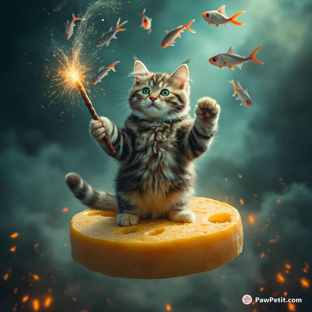 Cat summoning a storm of fish with a mystical wand atop a floating cheese.