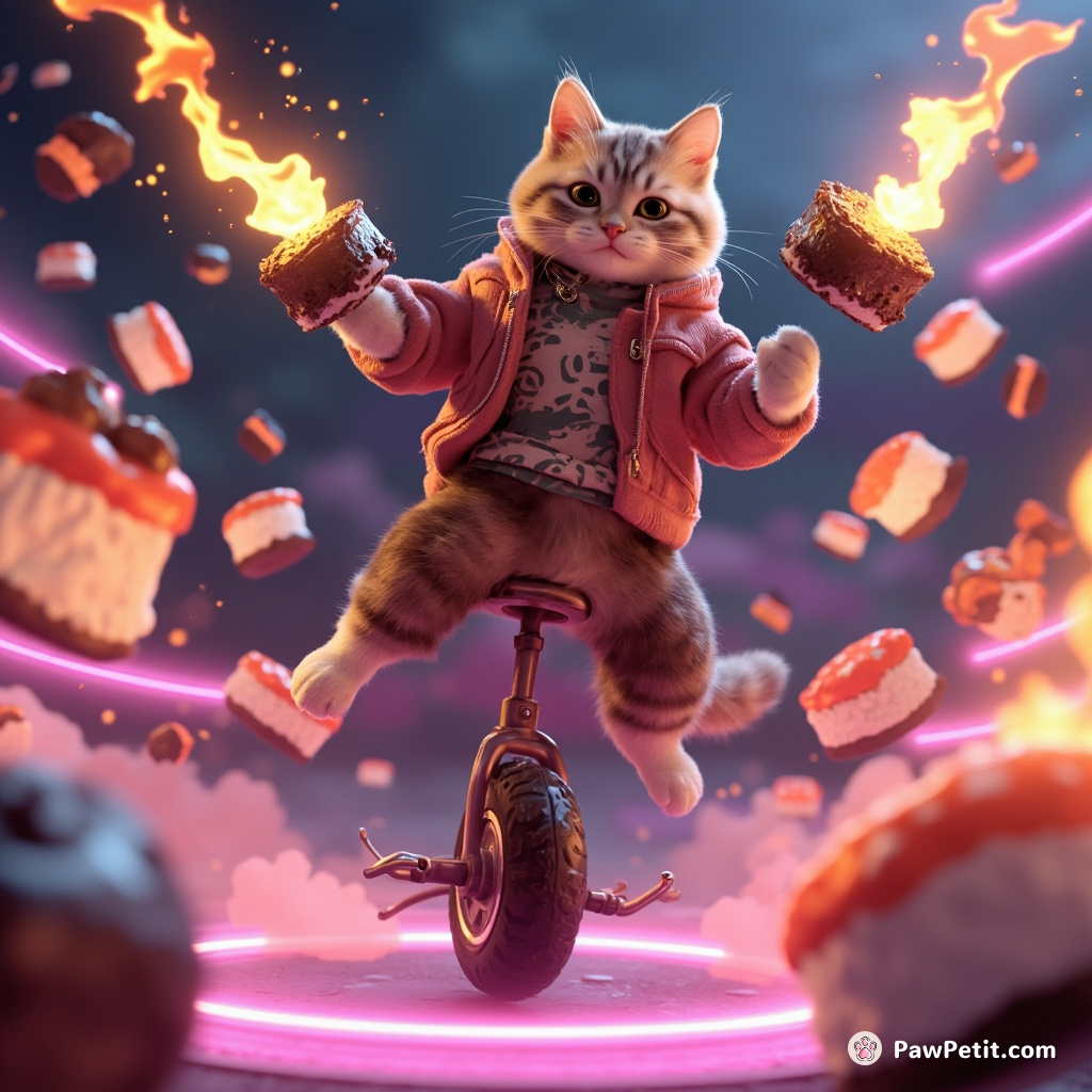 A cat juggling flaming desserts on a unicycle amidst floating neon sushi in zero gravity.