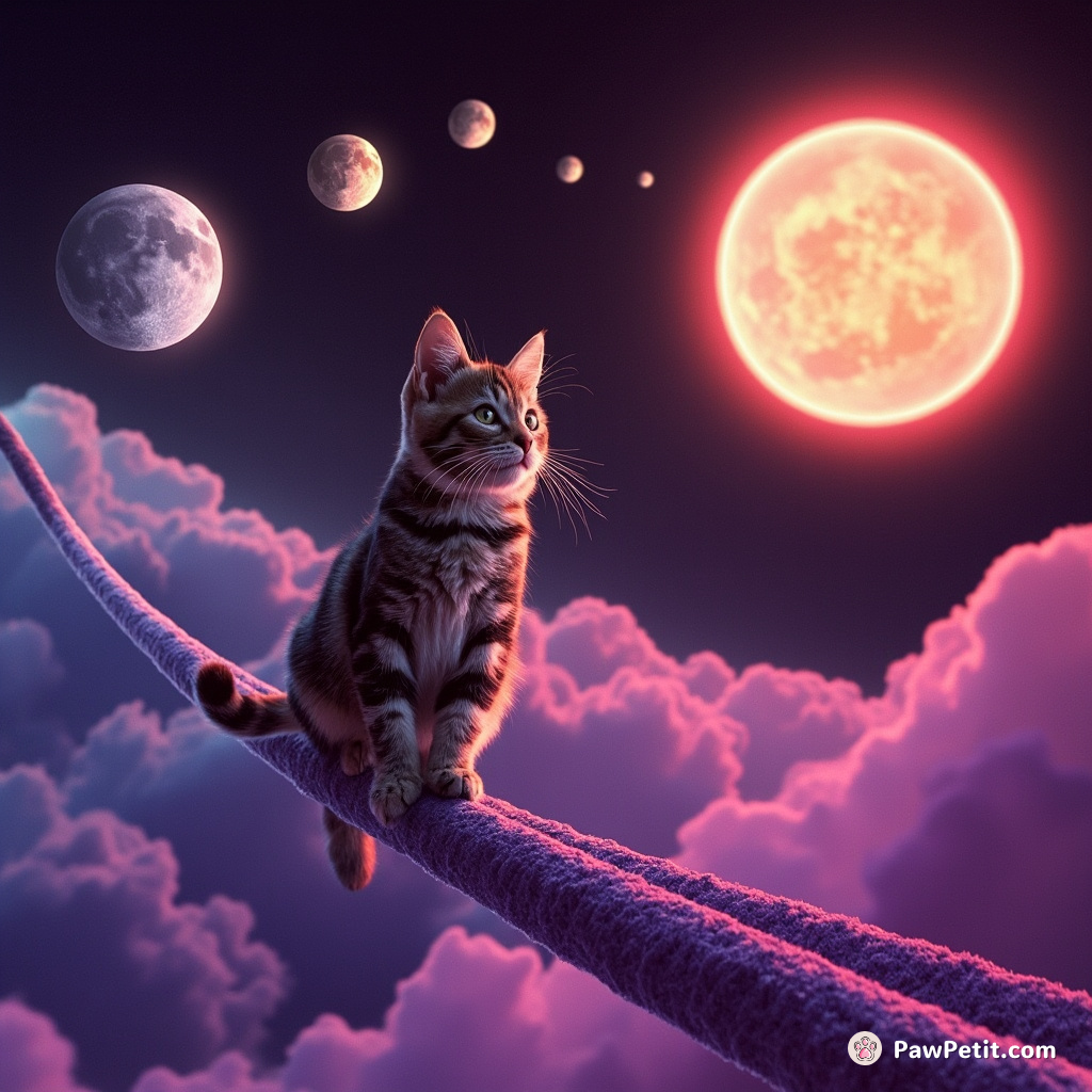 A tabby cat juggling shiny moons on a velvety purple tightrope stretched between two brightly blazing suns in the cosmic void.