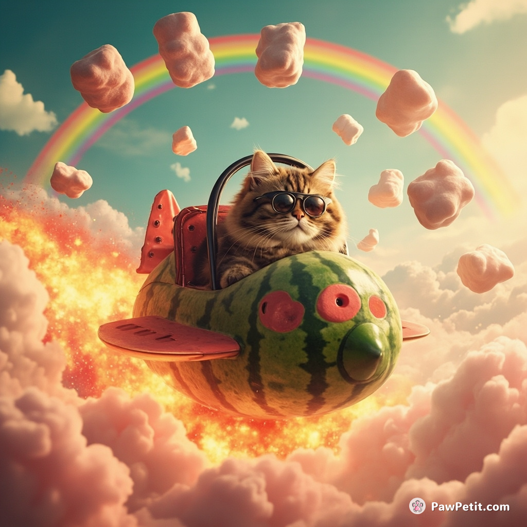 A chubby cat piloting an exploding watermelon spaceship while expertly juggling marshmallows in a field of rainbow clouds.