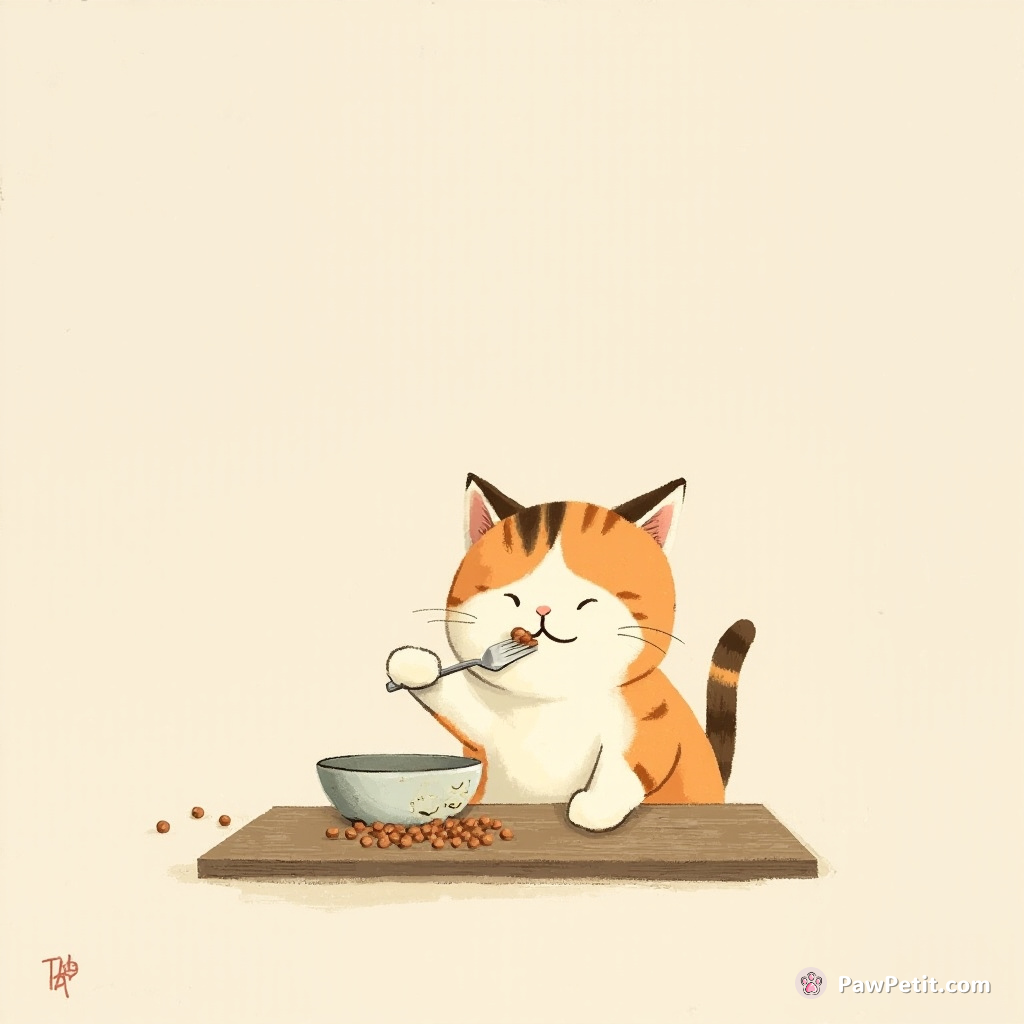 The cat insistently uses a tiny fork to eat its kibble, purring with determination at the dining table.