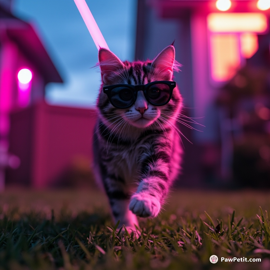 The cat bounds across the yard, clumsily wearing tiny sunglasses, trying to mimic a human stroll.