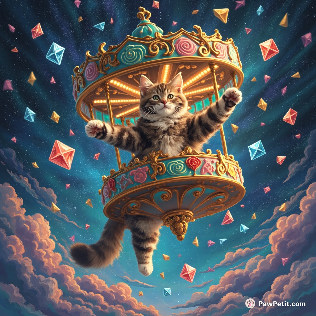 Cat raining down giant diamond-shaped confetti from atop a flying pretzel-carousel against an iridescent outer-space backdrop.
