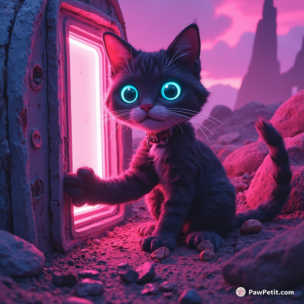 In a mutated post-apocalyptic landscape, Paws, the feline protagonist opens AI-sealed survival pod doors with her irradiated extra-thumbs.