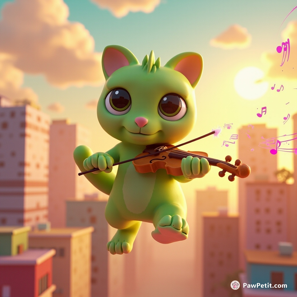 A green cat levitating over a pastel cityscape playing an electric violin that emits neon notes into the sunset sky.